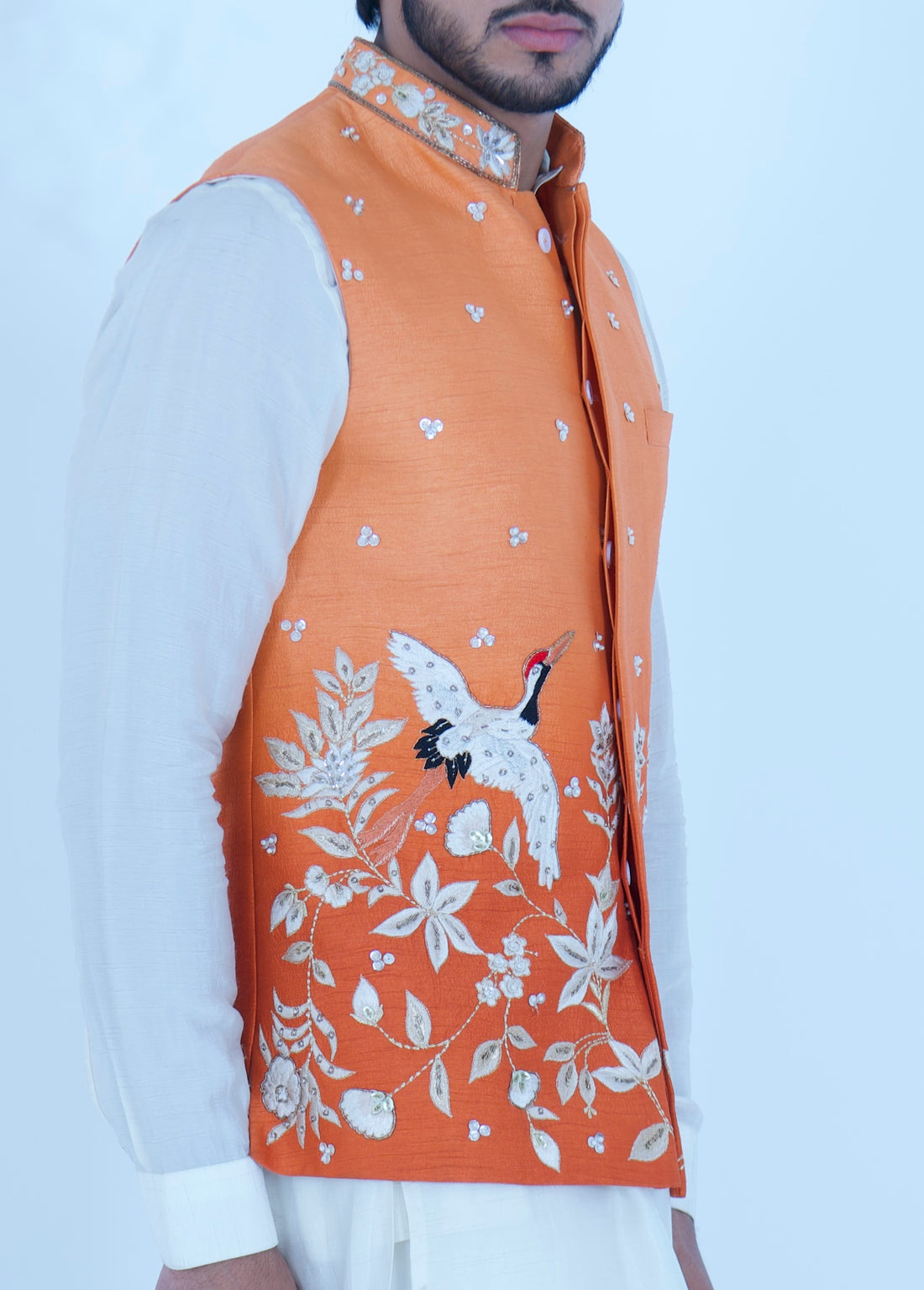 Zardozi Zari Raw Silk Tangerine Long Jacket Set