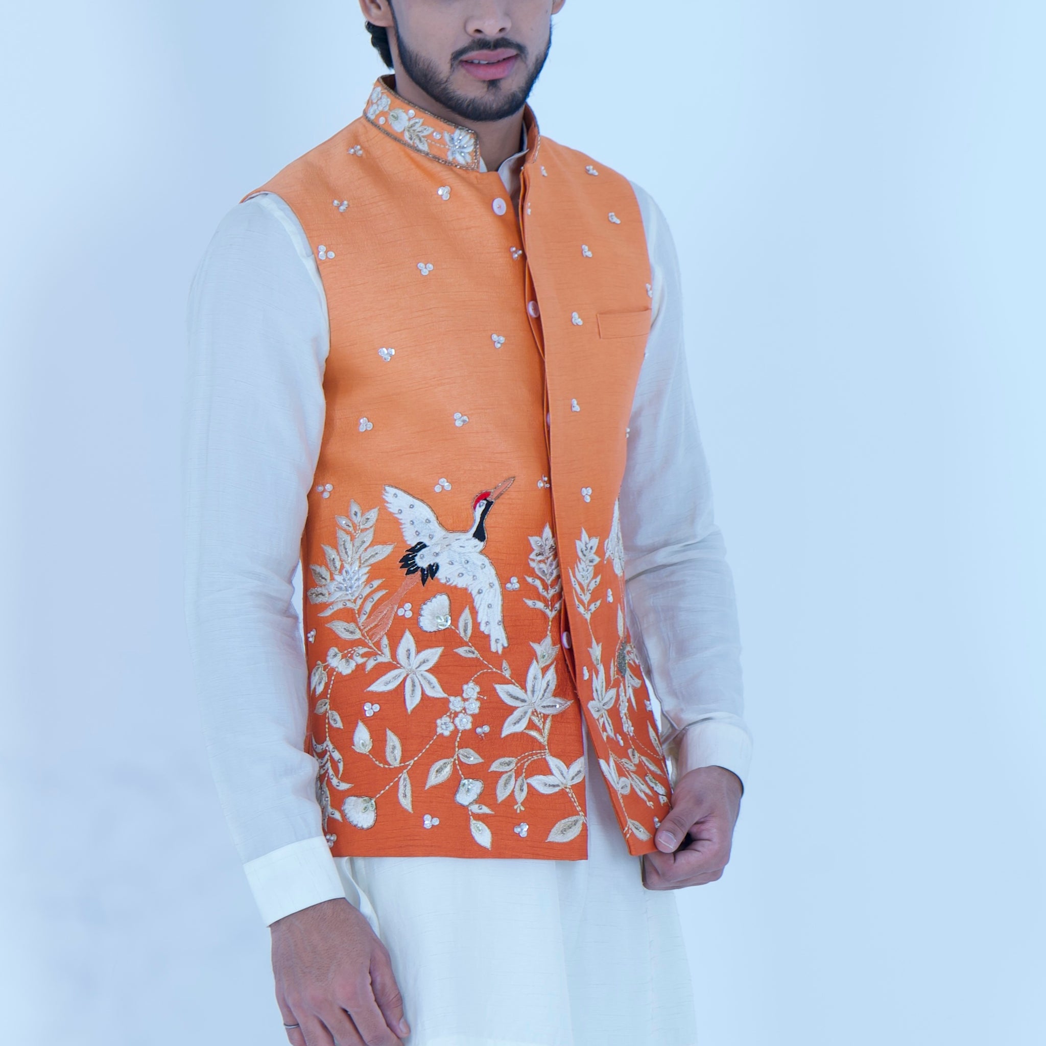 Zardozi Zari Raw Silk Tangerine Long Jacket Set