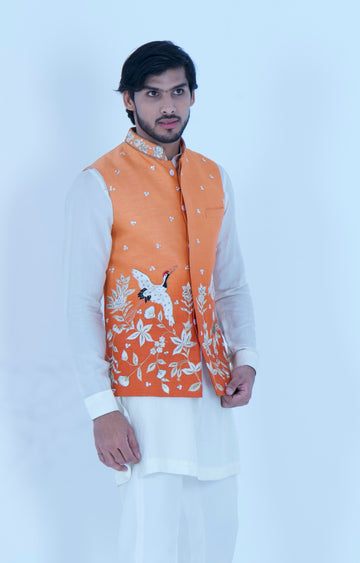 Zardozi Zari Raw Silk Tangerine Long Jacket Set