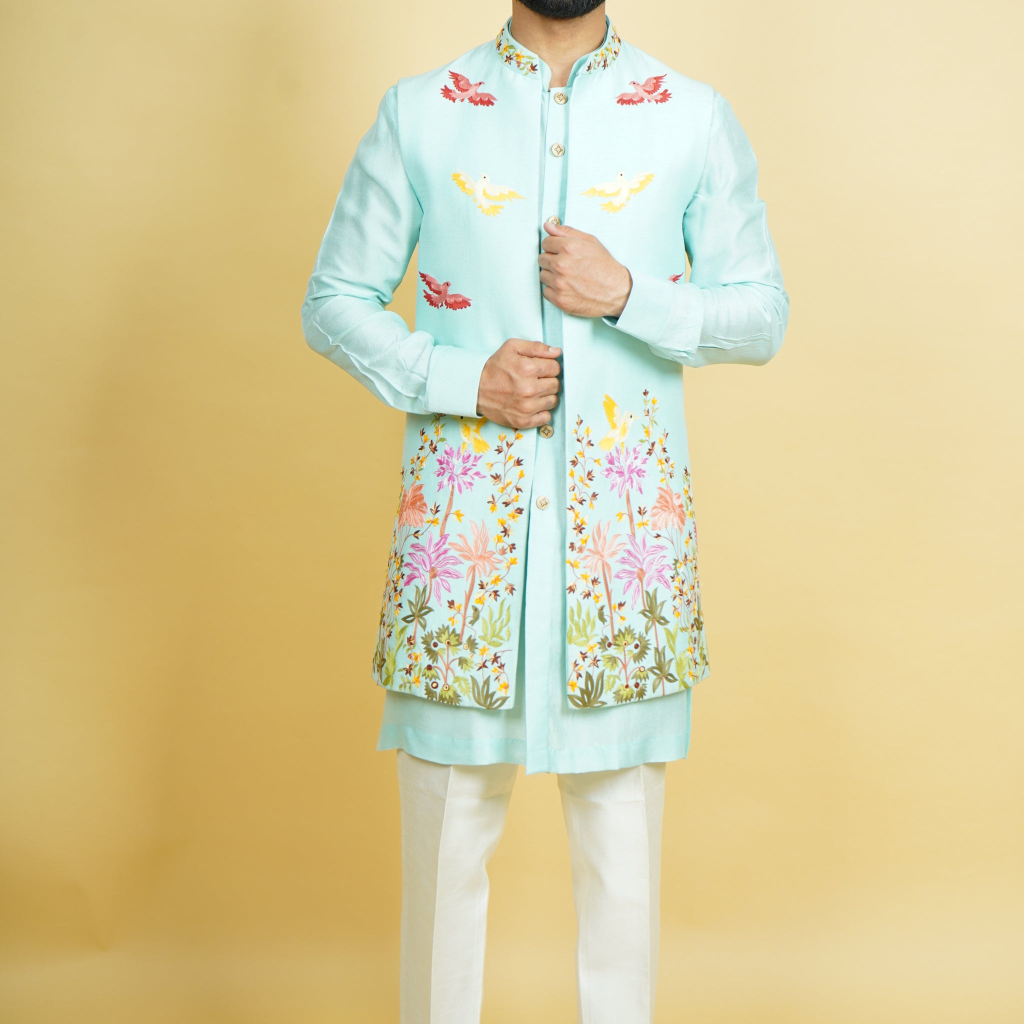 Sky Blue Floral Thread Work Long Jacket Set