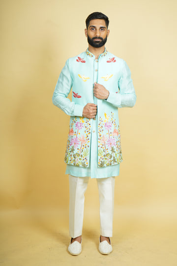 Sky Blue Floral Thread Work Long Jacket Set