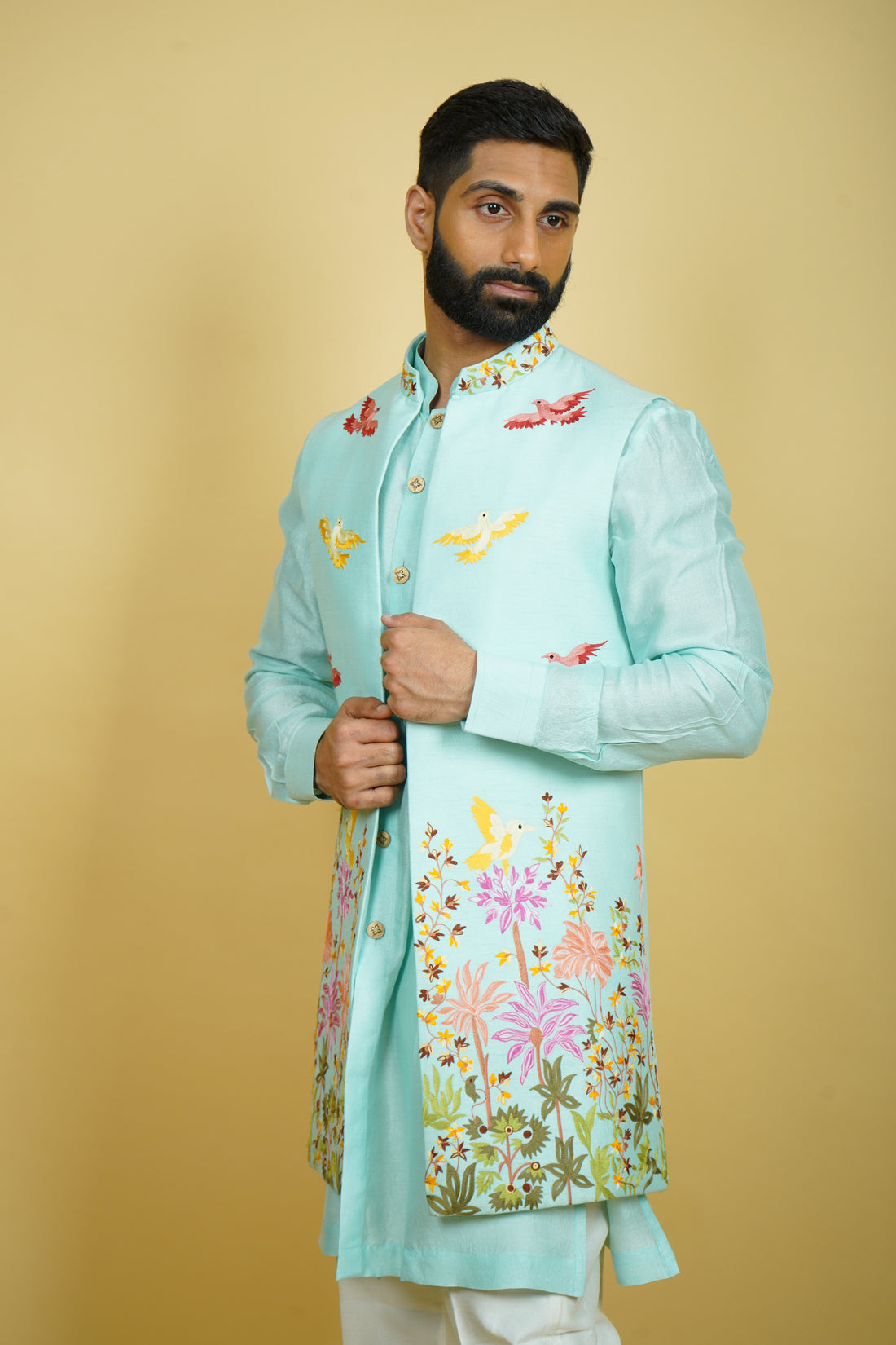 Sky Blue Floral Thread Work Long Jacket Set