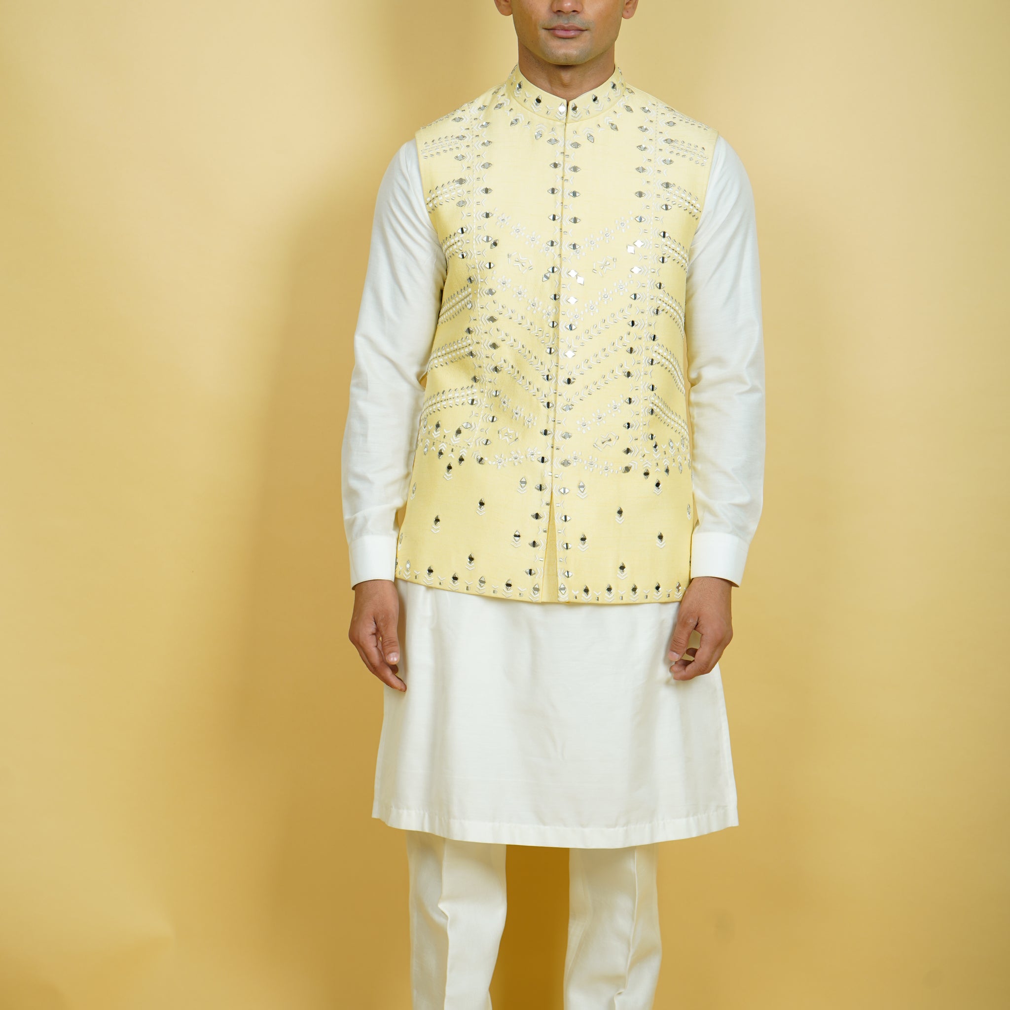 Pale Yellow Mirror Work Bundi Jacket Set