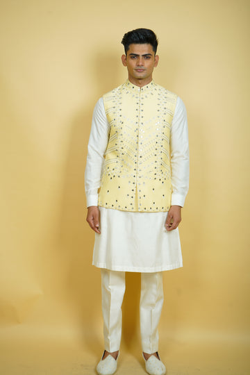 Pale Yellow Mirror Work Bundi Jacket Set