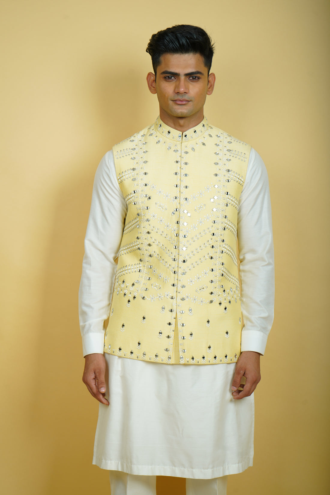 Pale Yellow Mirror Work Bundi Jacket Set