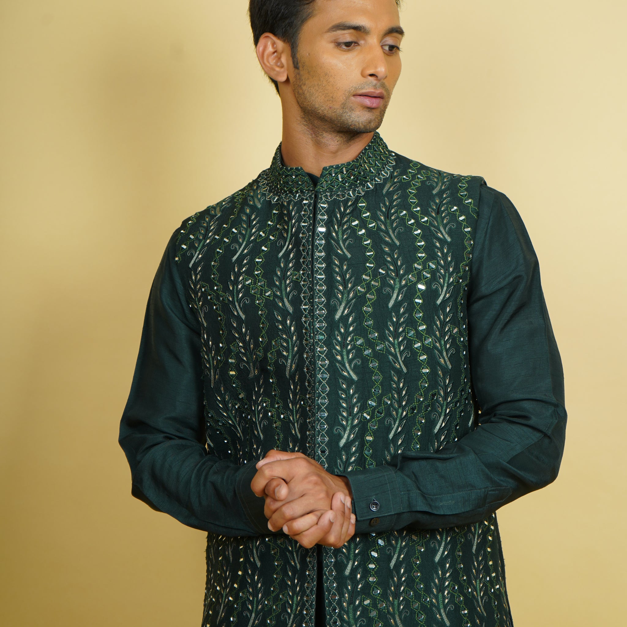 Dark Green Floral Embroidered Bundi Jacket Set