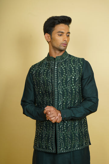 Dark Green Floral Embroidered Bundi Jacket Set