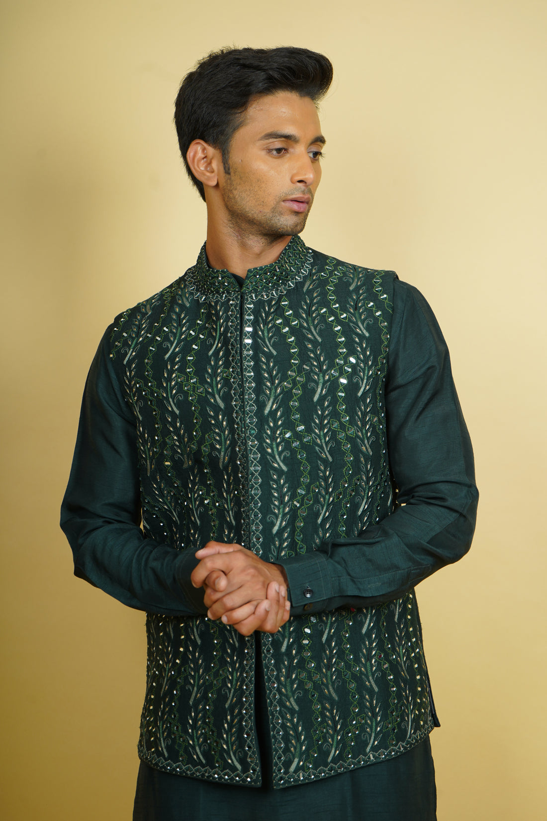 Dark Green Floral Embroidered Bundi Jacket Set