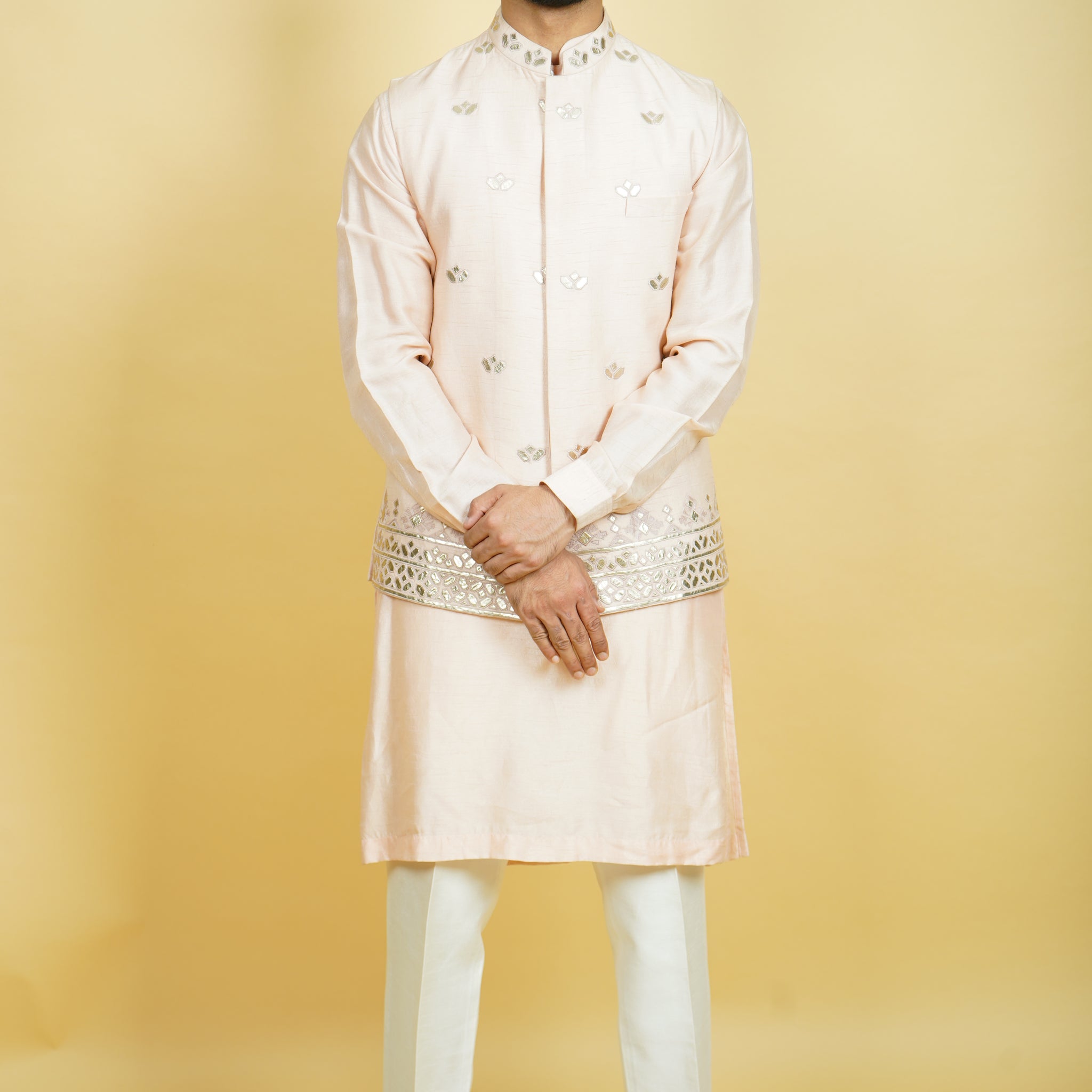 Pink Leather Work Bundi Jacket Set