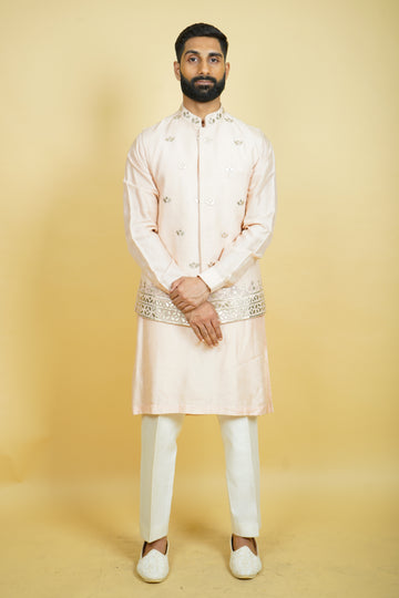 Pink Leather Work Bundi Jacket Set