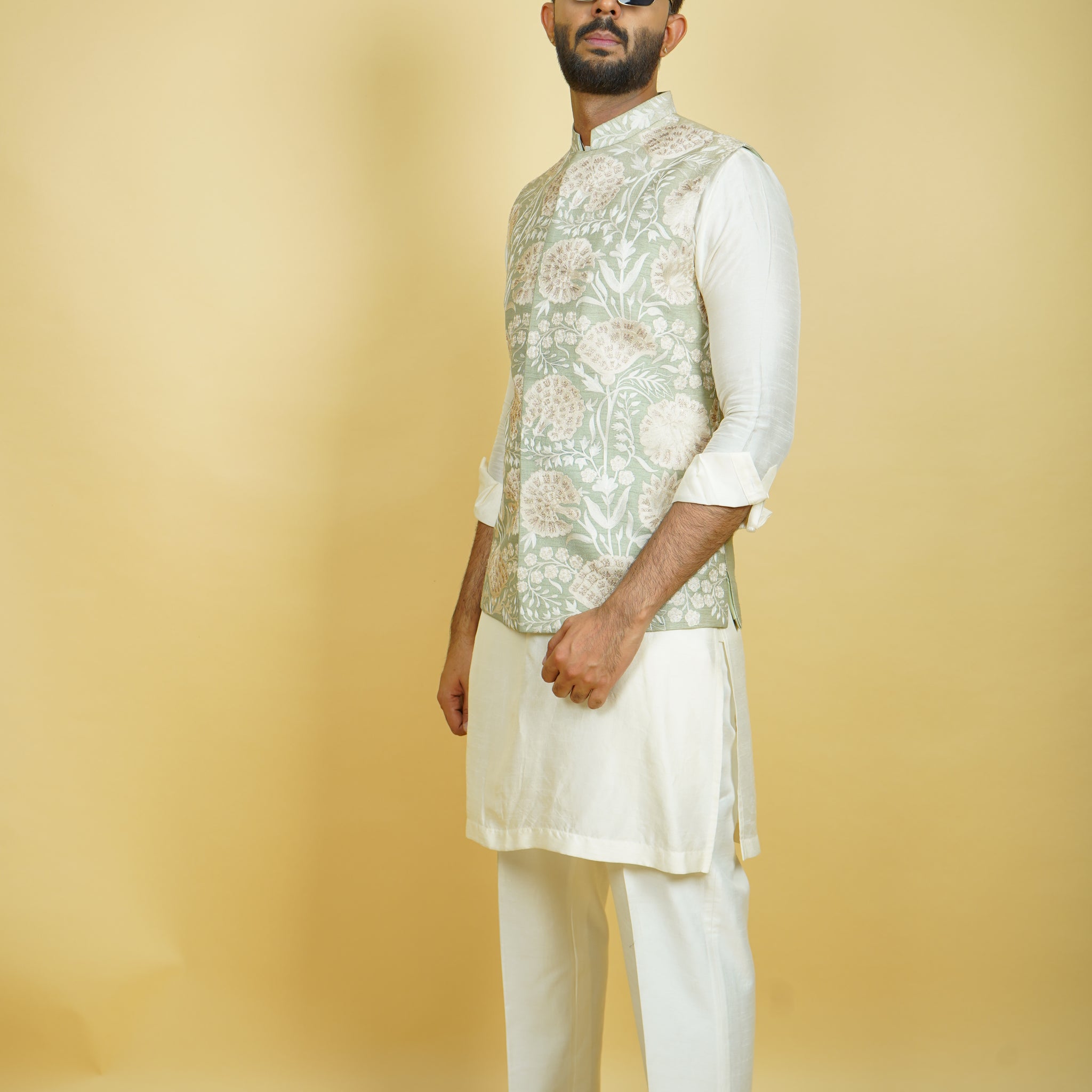 Pastel Green Floral Embroidered Bundi Jacket Set