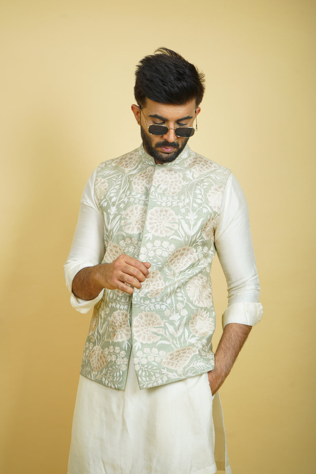 Pastel Green Floral Embroidered Bundi Jacket Set