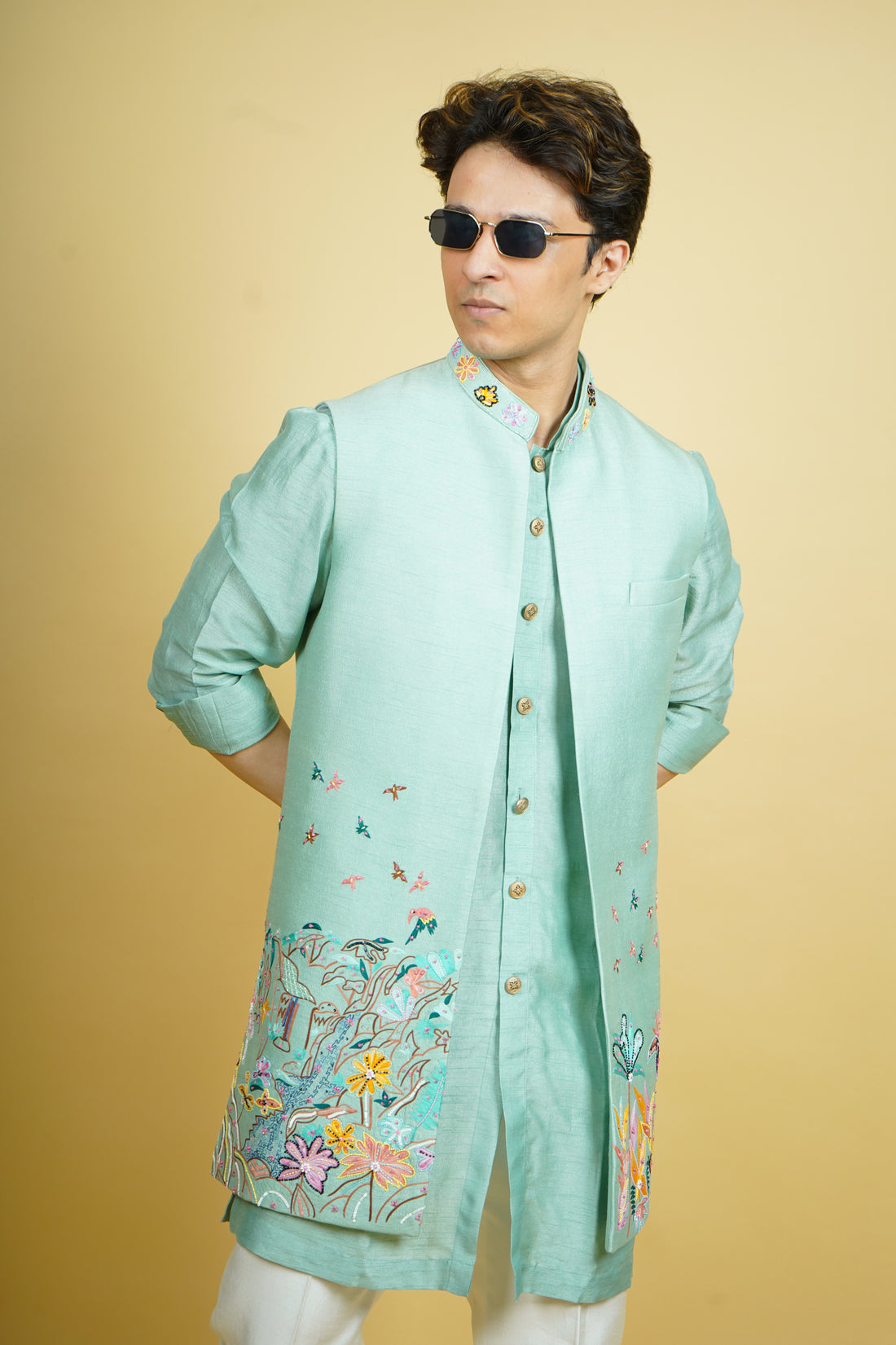 Mint Green Floral Embroidered Bundi Jacket Set