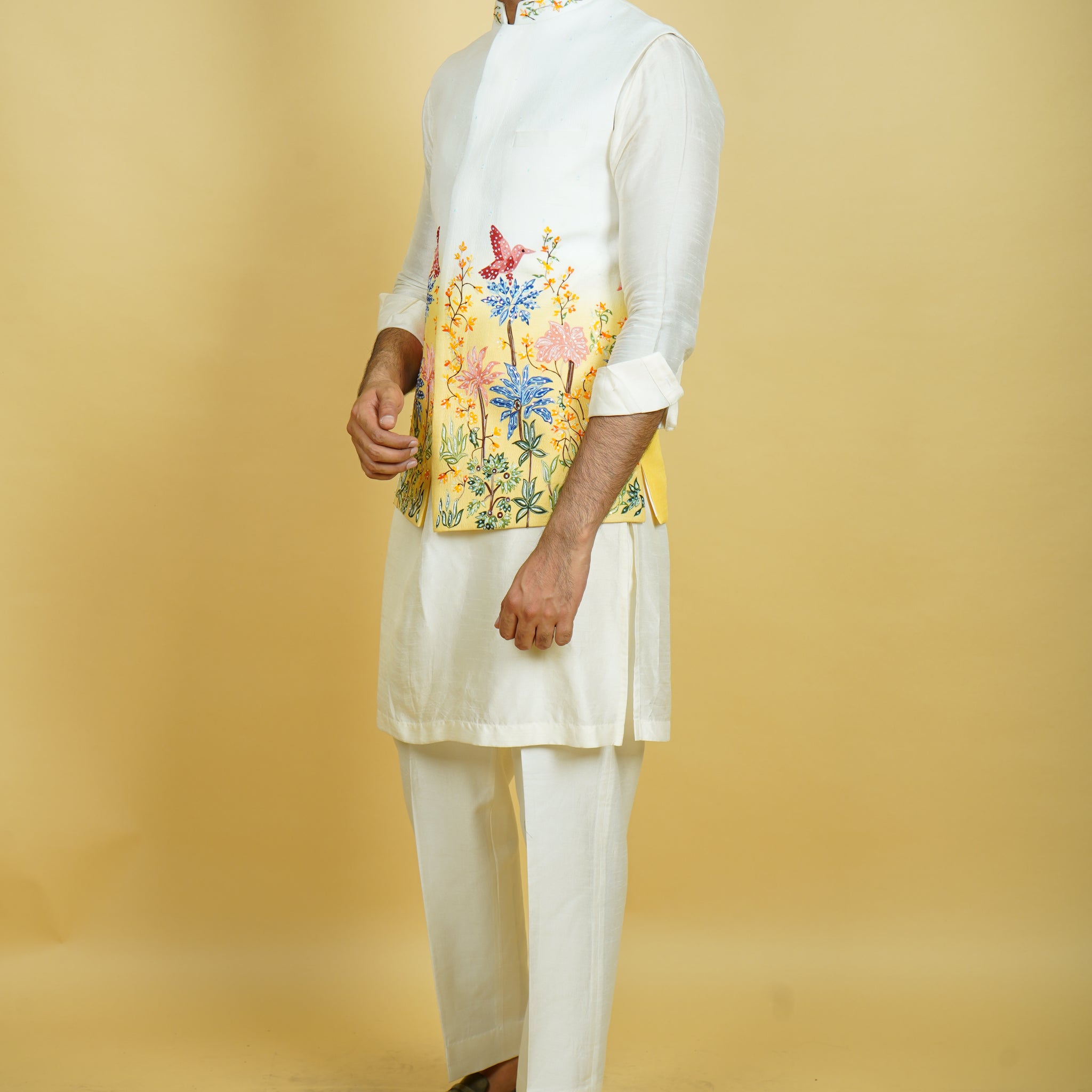 Yellow Ombre Floral Embroidered Bundi Jacket Set