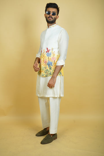 Yellow Ombre Floral Embroidered Bundi Jacket Set