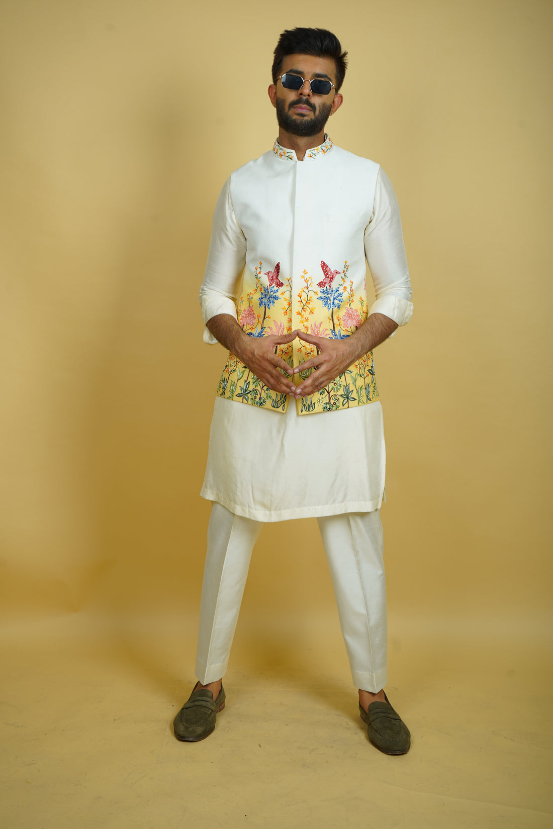 Yellow Ombre Floral Embroidered Bundi Jacket Set