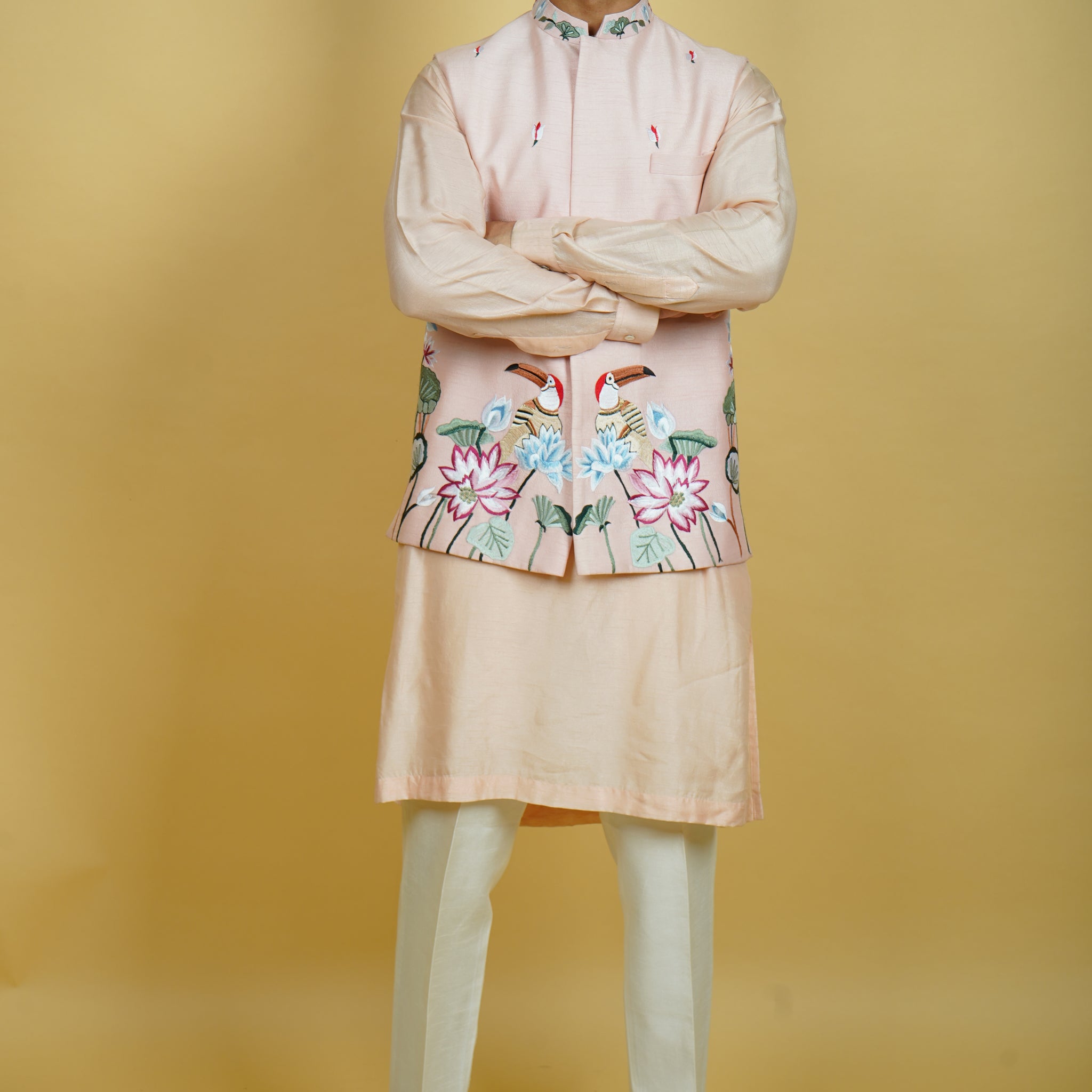 Pink Floral Embroidered Bundi Jacket Set