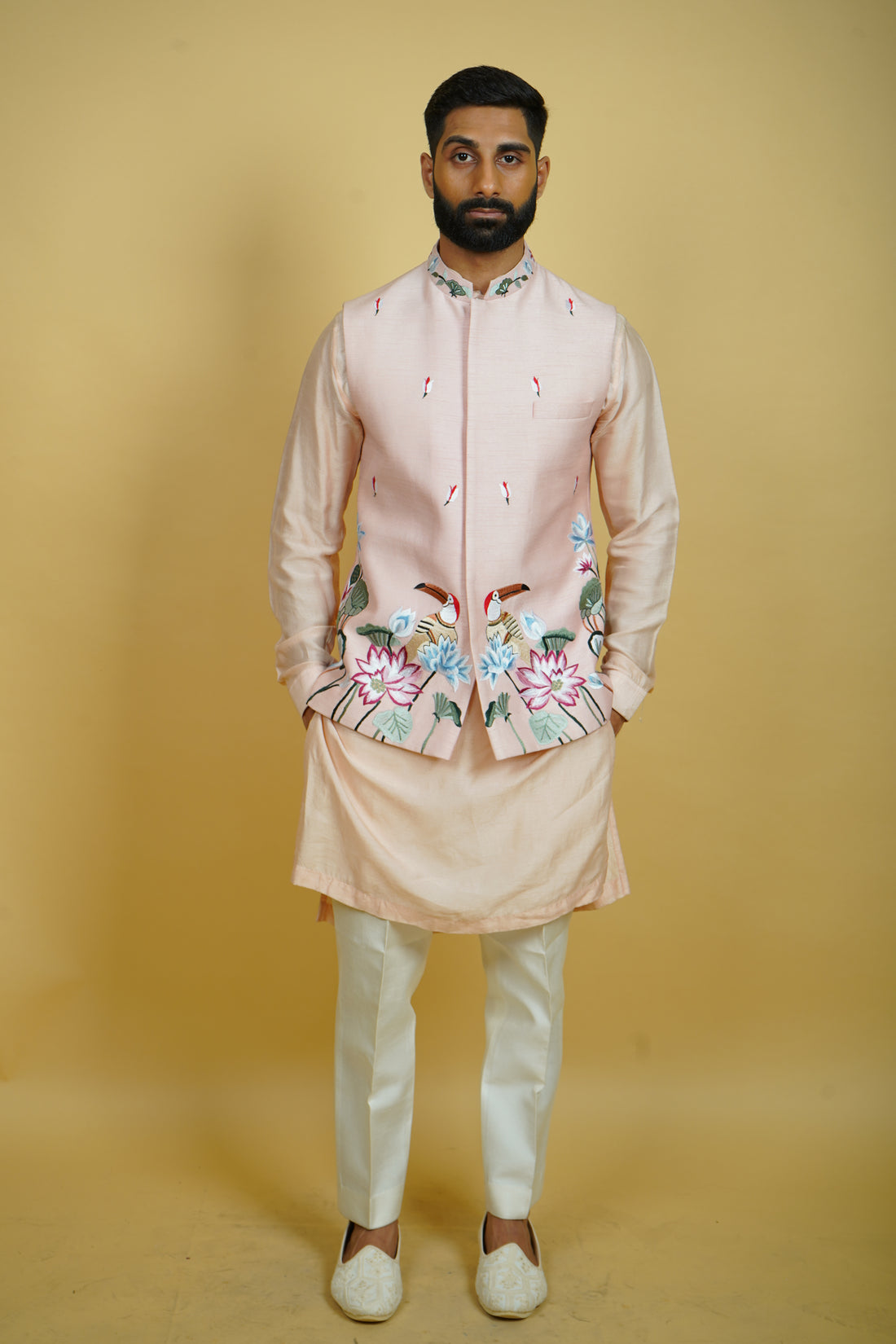 Pink Floral Embroidered Bundi Jacket Set