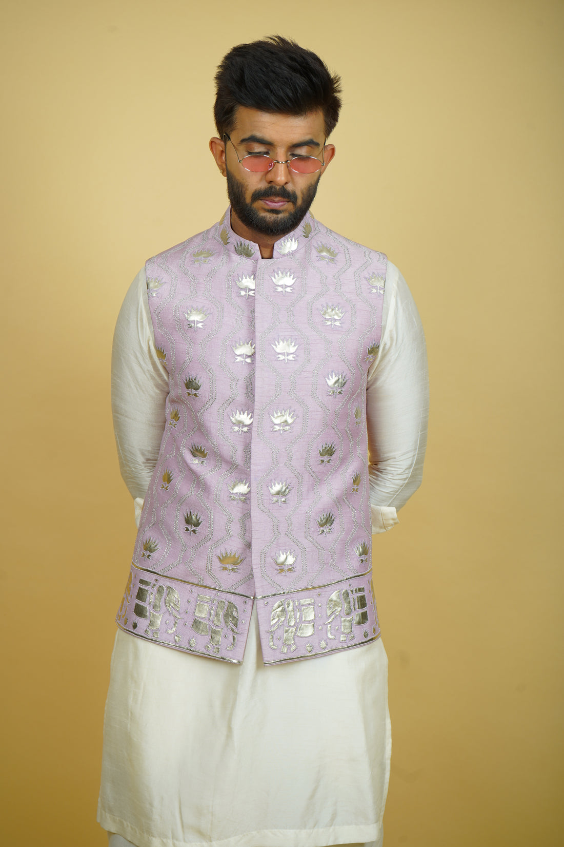 Pink Leather Work Bundi Jacket Set