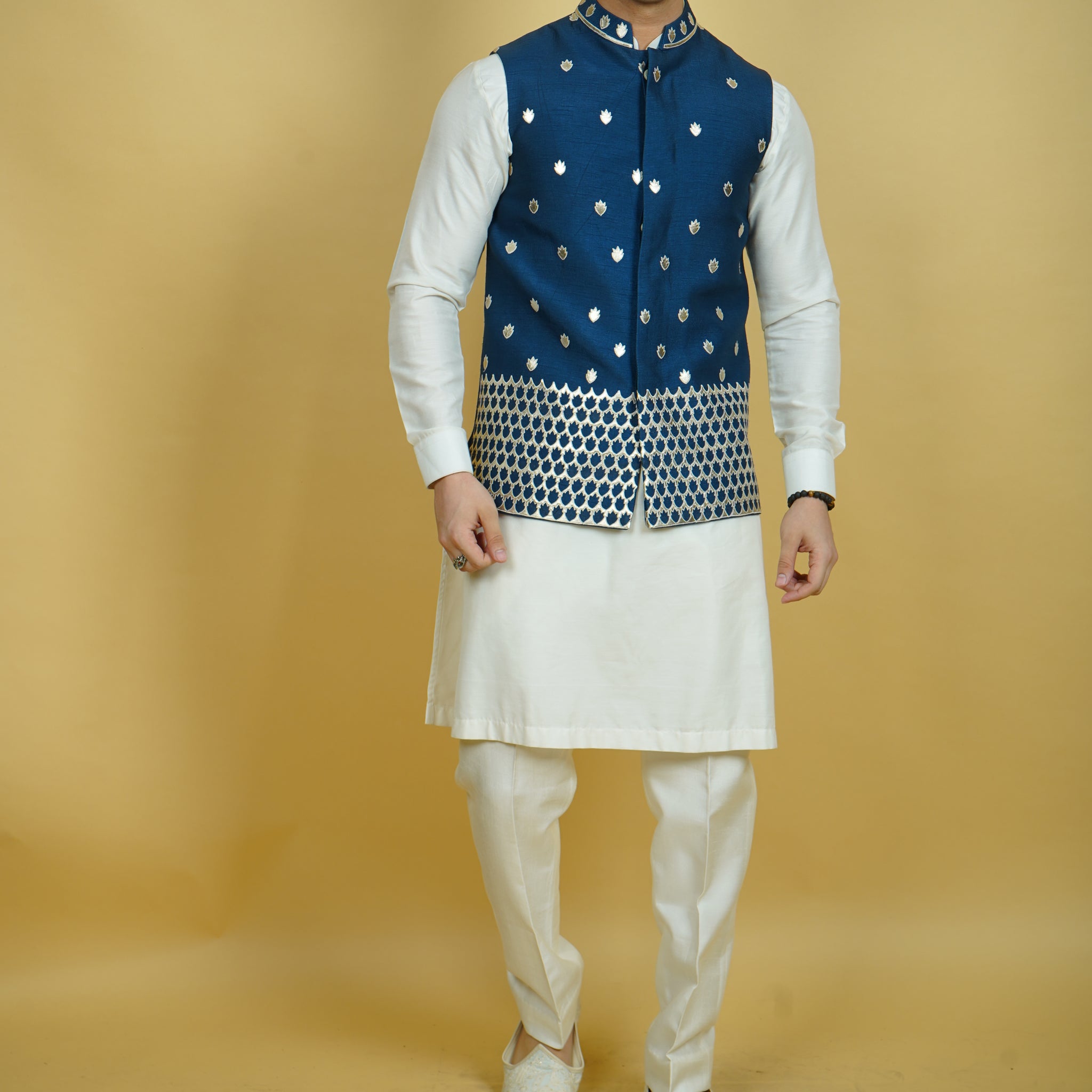 Navy Blue Geometric Bundi Jacket Set