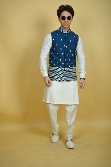 Navy Blue Geometric Bundi Jacket Set