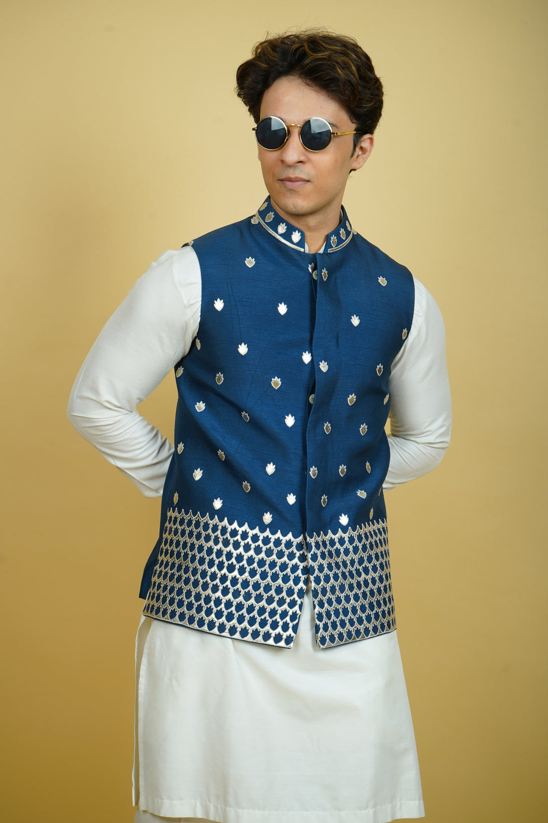 Navy Blue Geometric Bundi Jacket Set