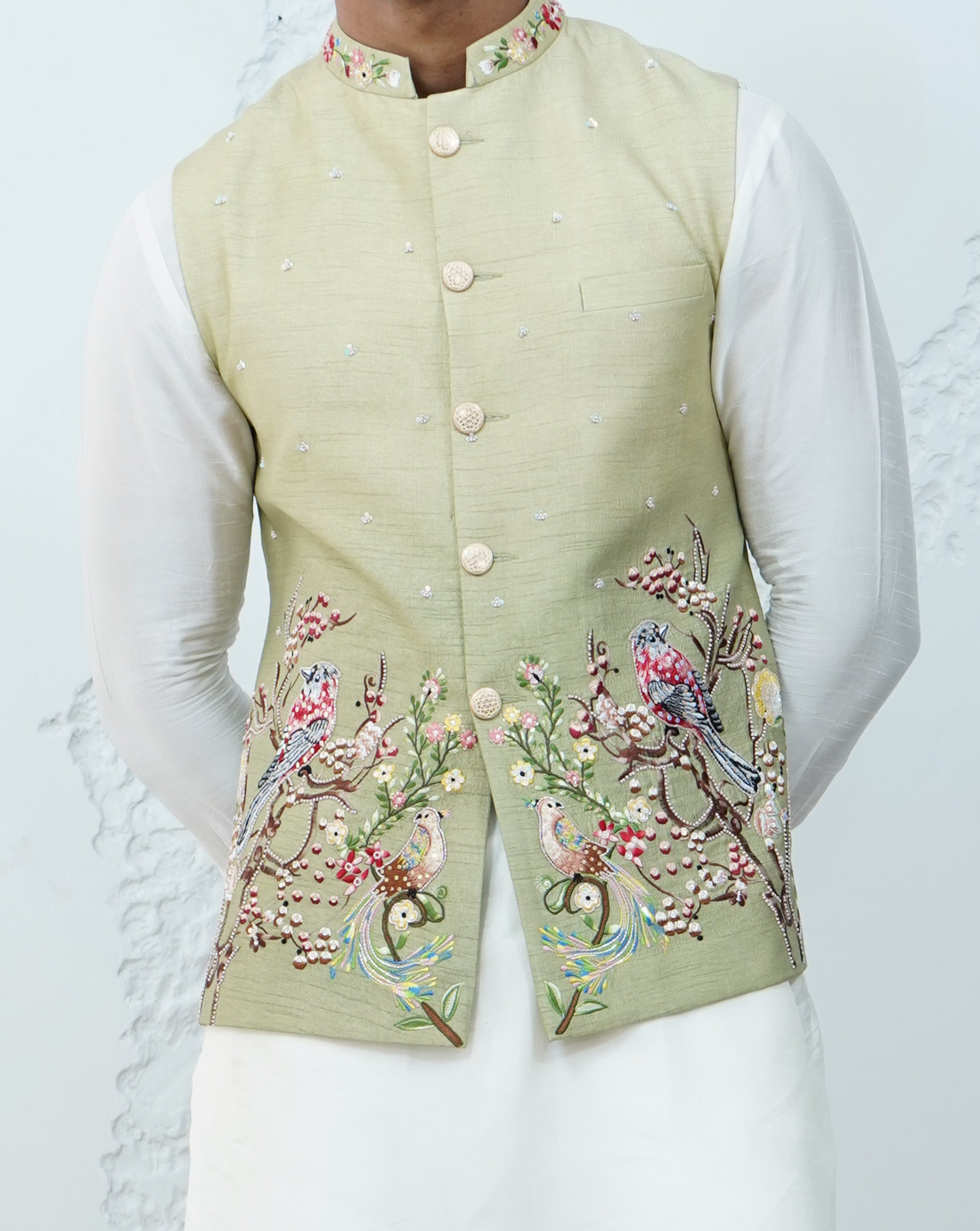 Floral Ivory Green Bundi Jacket Set