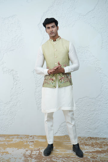 Floral Ivory Green Bundi Jacket Set