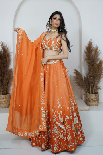 Zardozi Zari Raw Silk Tangerine Ombre Lehenga with Organza Dupatta