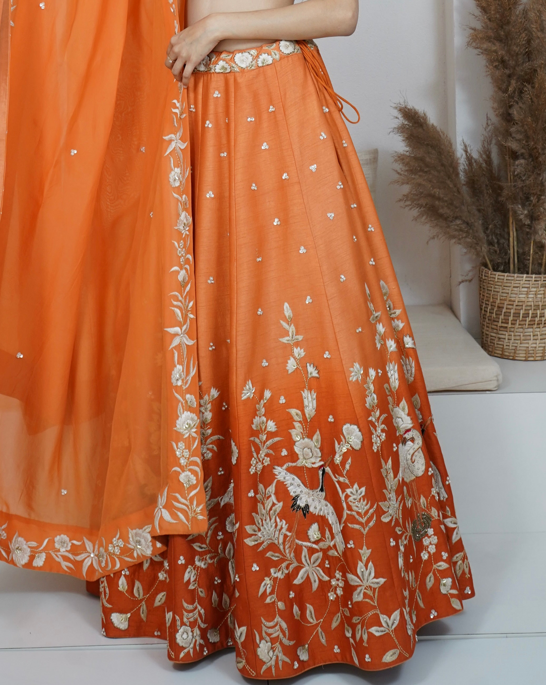 Zardozi Zari Raw Silk Tangerine Ombre Lehenga with Organza Dupatta