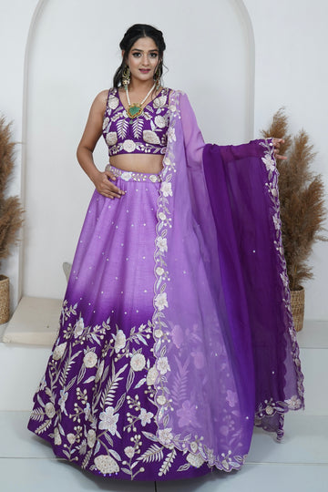 Zardozi Zari Raw Silk Amethyst Ombre Lehenga with Organza Dupatta