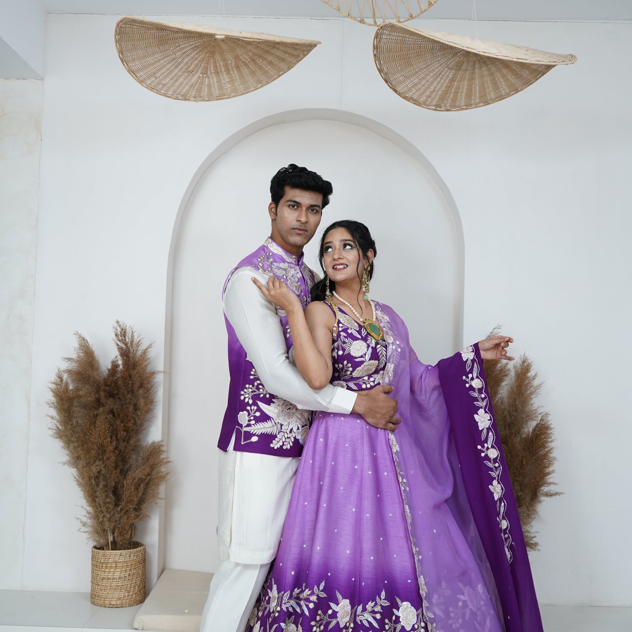 Zardozi Zari Ombre Purple Embroidered Lehenga and Nehru Jacket Set