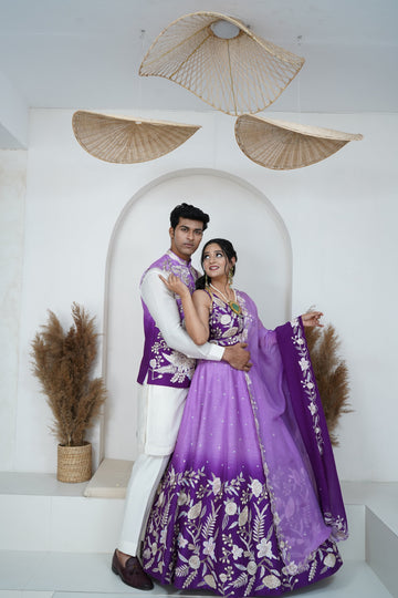 Zardozi Zari Ombre Purple Embroidered Lehenga and Nehru Jacket Set