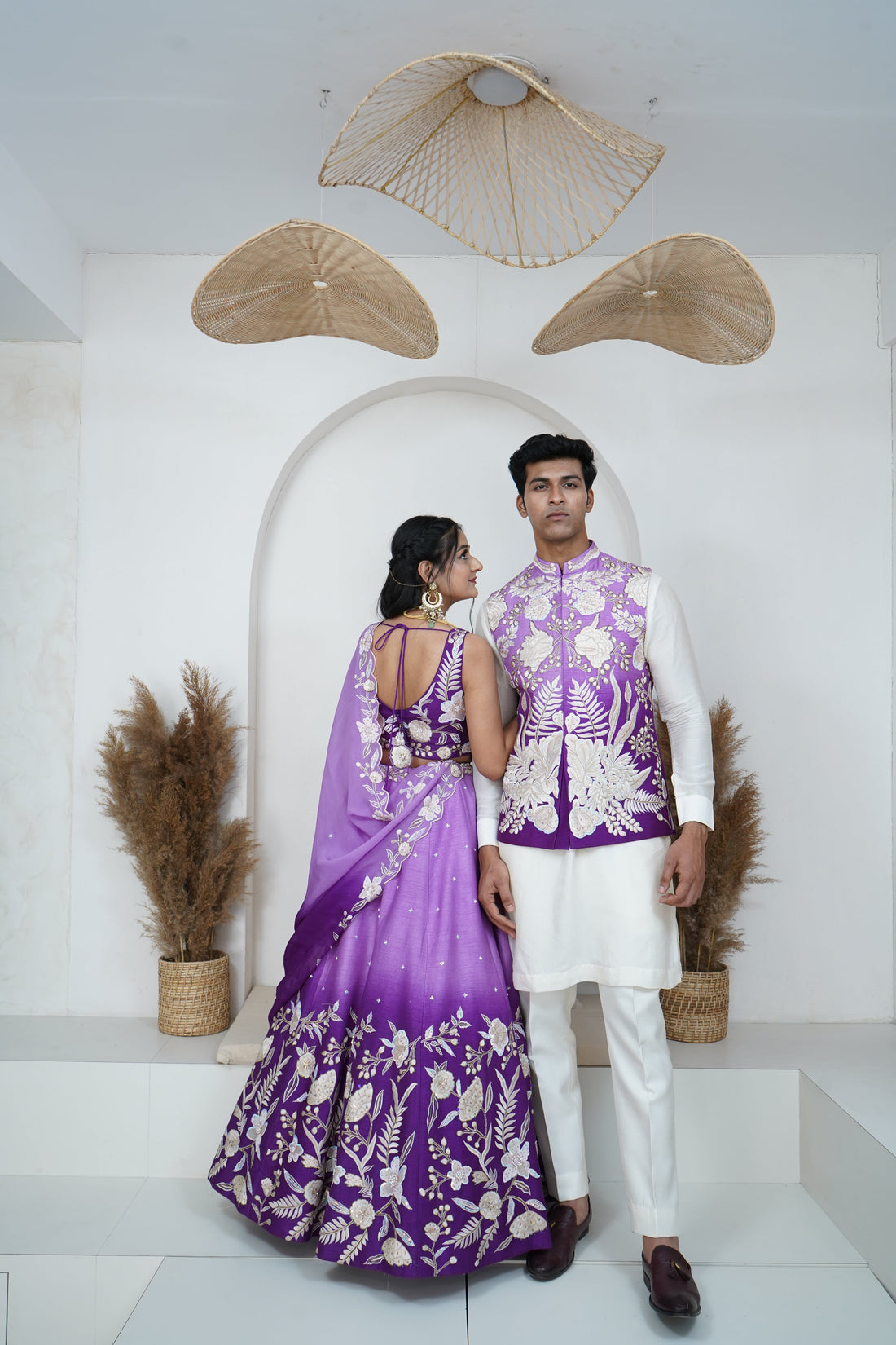 Zardozi Zari Ombre Purple Embroidered Lehenga and Nehru Jacket Set