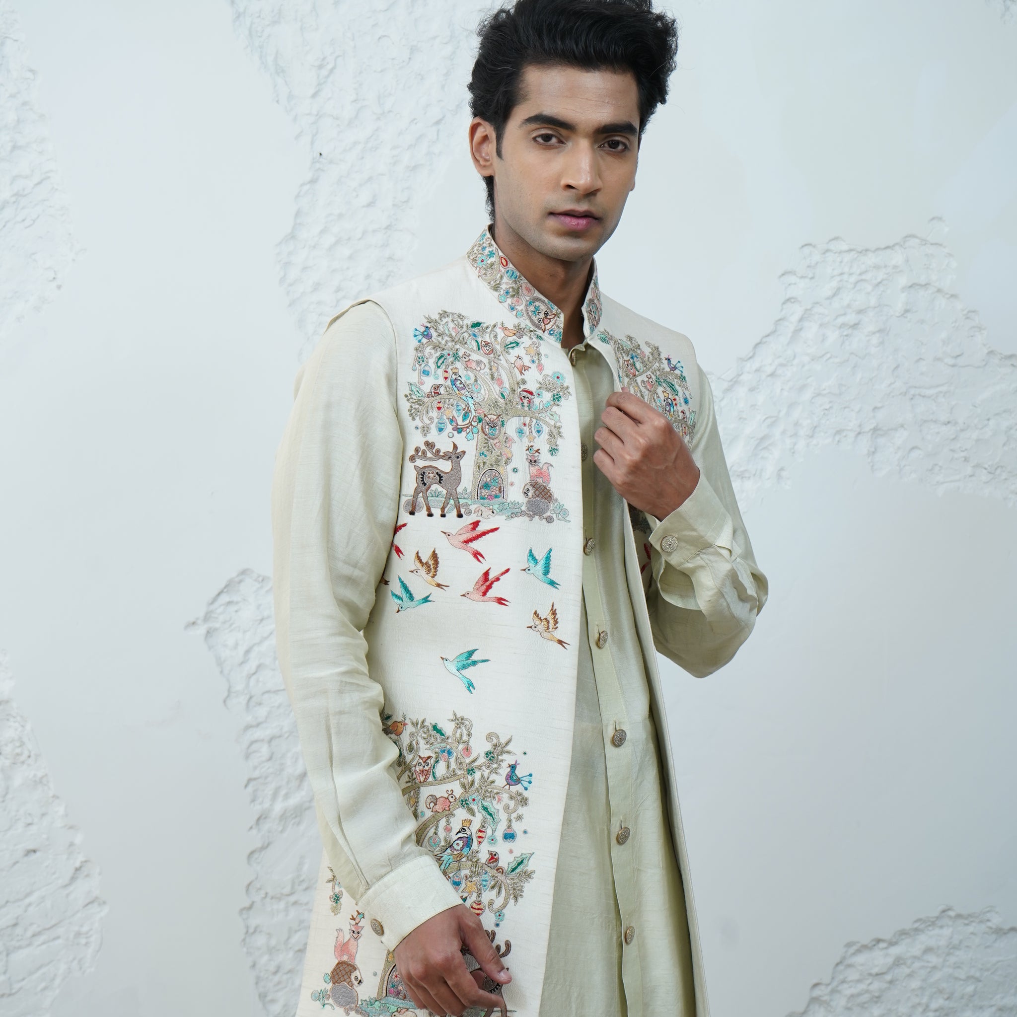 Zardozi Zari Raw Silk Ivory White Long Jacket Set