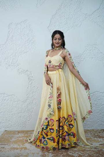 Zardozi Zari Raw Silk Illuminating Yellow Ombre Lehenga with Organza Dupatta