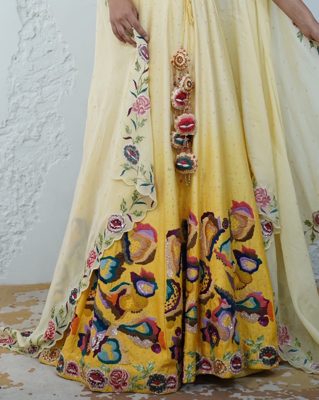 Zardozi Zari Raw Silk Illuminating Yellow Ombre Lehenga with Organza Dupatta