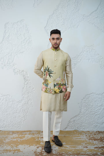 Floral Ivory Green Bundi Jacket Set