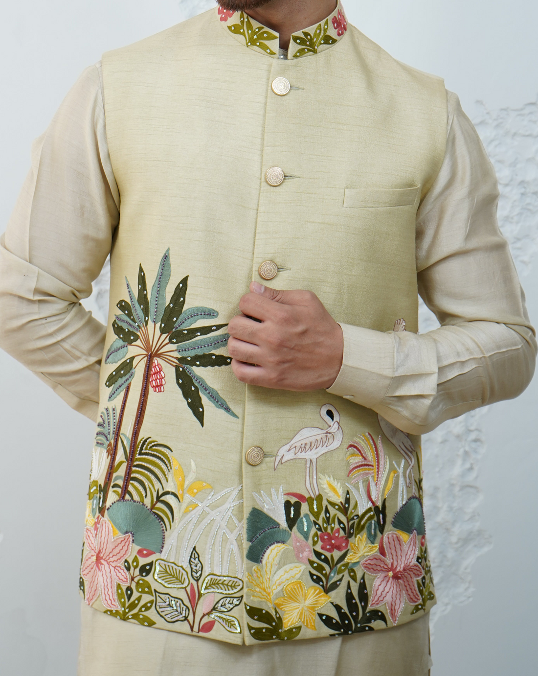 Floral Ivory Green Bundi Jacket Set