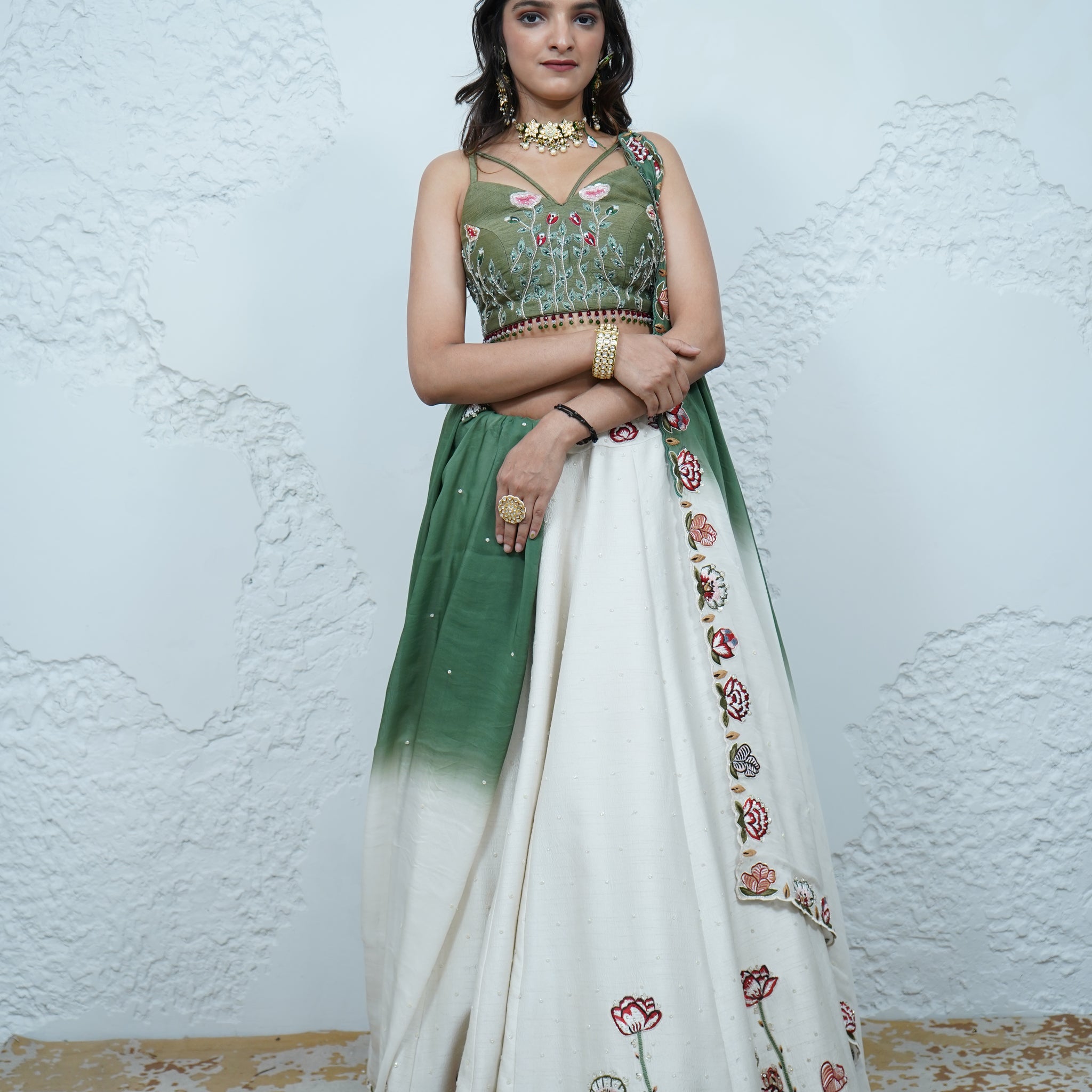 Zardozi Zari Raw Silk Clover Green Ombre Lehenga with Organza Dupatta