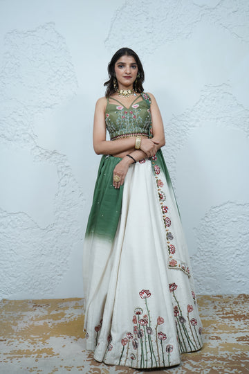 Zardozi Zari Raw Silk Clover Green Ombre Lehenga with Organza Dupatta