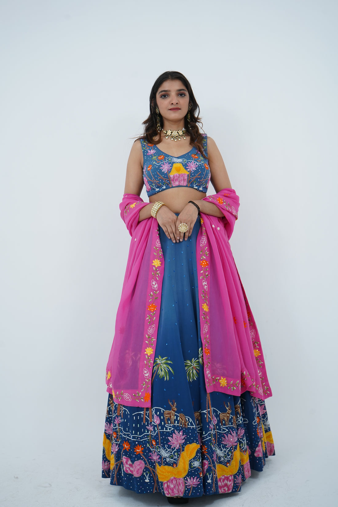 Zardozi Zari Raw Silk Blue Lehenga with Organza Dupatta