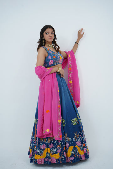 Zardozi Zari Raw Silk Blue Lehenga with Organza Dupatta