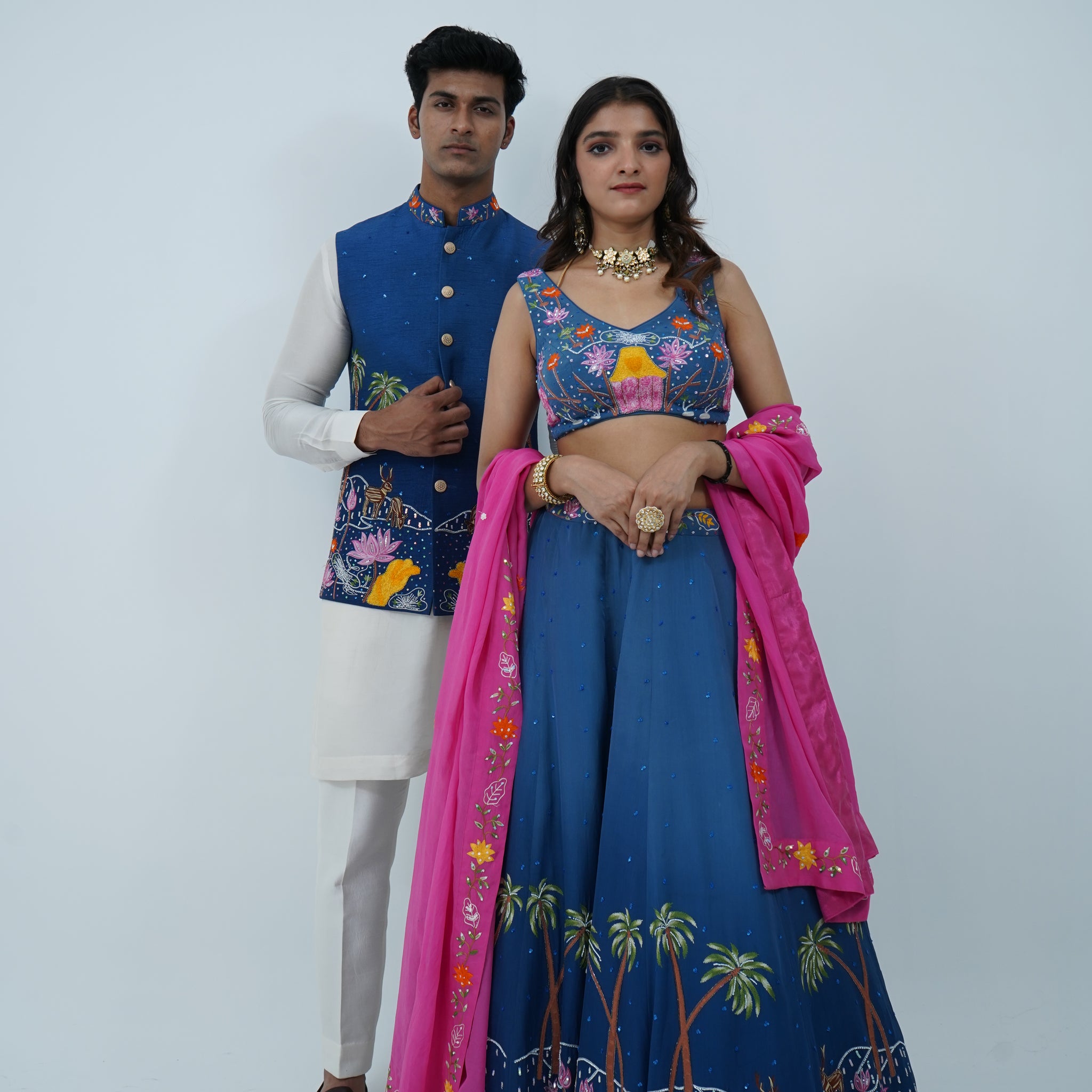 Zardozi Zari Blue Embroidered Lehenga and Nehru Jacket Set