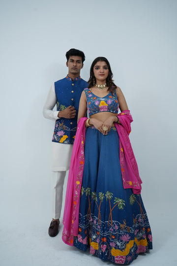 Zardozi Zari Blue Embroidered Lehenga and Nehru Jacket Set