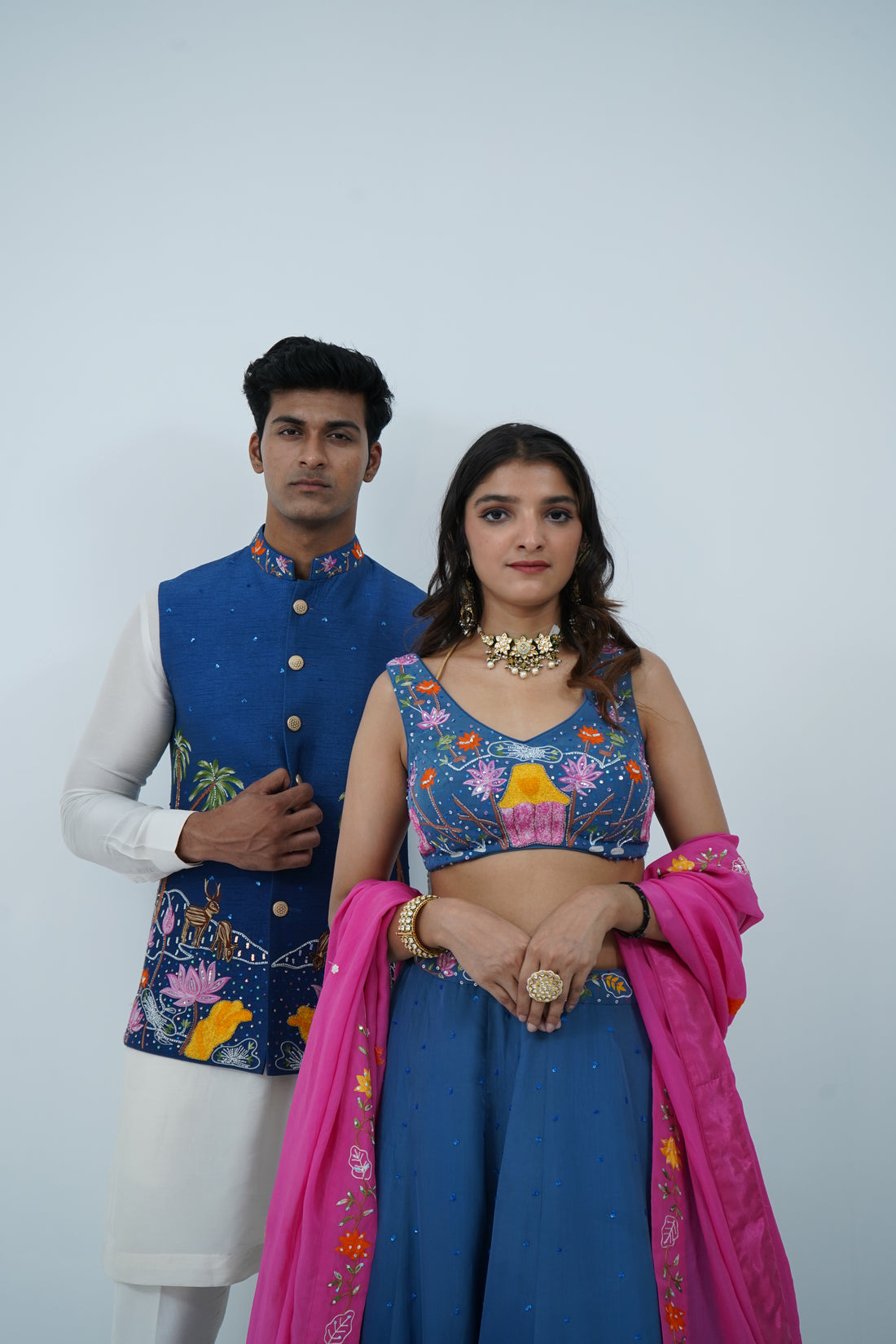 Zardozi Zari Blue Embroidered Lehenga and Nehru Jacket Set