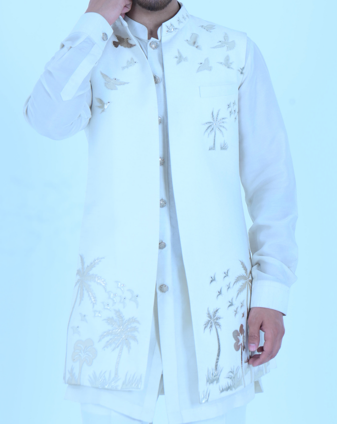 Zardozi Zari Raw Silk Snow White Long Jacket Set