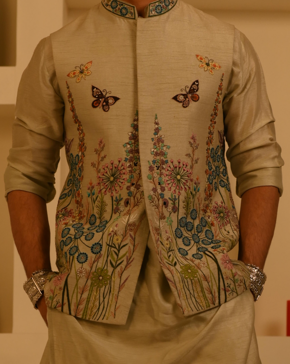 Butterfly Floral Green Bundi Jacket Set