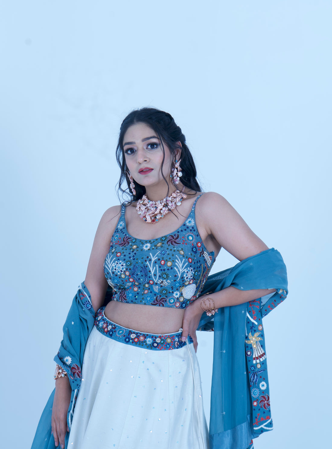 Zardozi Zari Raw Silk Ocean Lehenga with Organza Dupatta