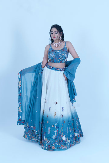 Zardozi Zari Raw Silk Ocean Lehenga with Organza Dupatta